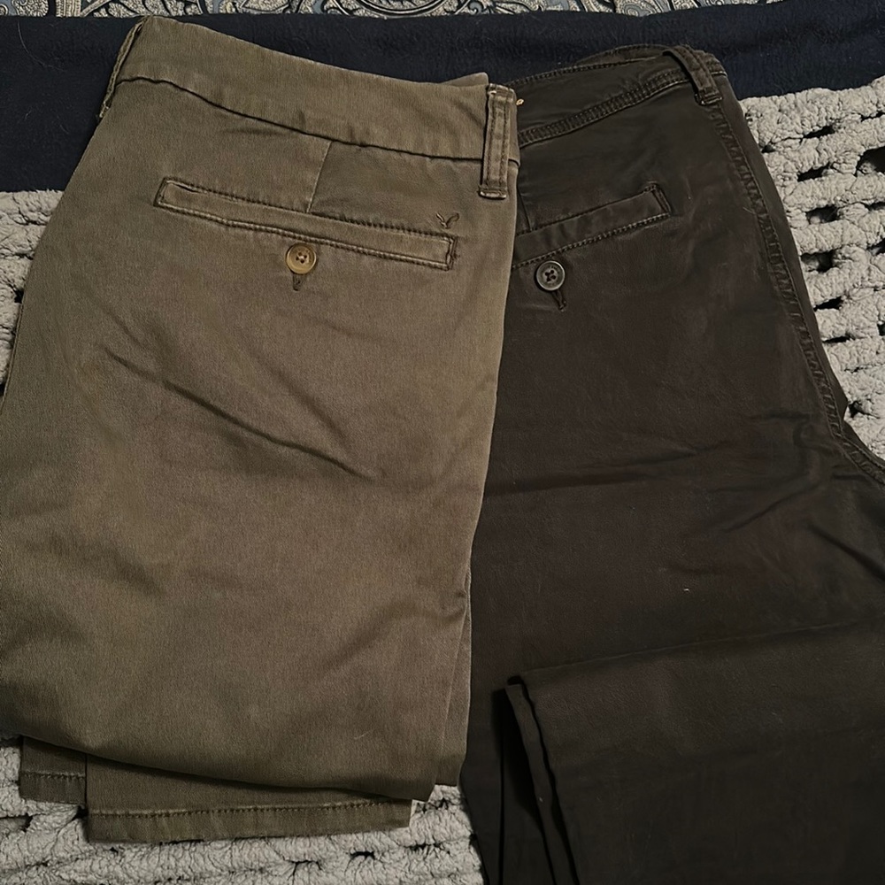 American Eagle Kickboot pants. 2 pairs (olive and gray)